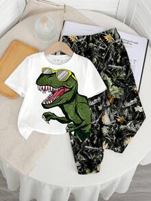 SHEIN Baby Boys Casual Minimalist, Fashion Classic, Cool Style, Cartoon Dinosaur Pattern, Cute Style, Sporty Style, Dinosaur Pattern Round Neck Short Sleeve Pants Set, Suitable For Spring/Summer, Suitable For Home, Suitable For Daily Casual Wear - Multicolor - View 2