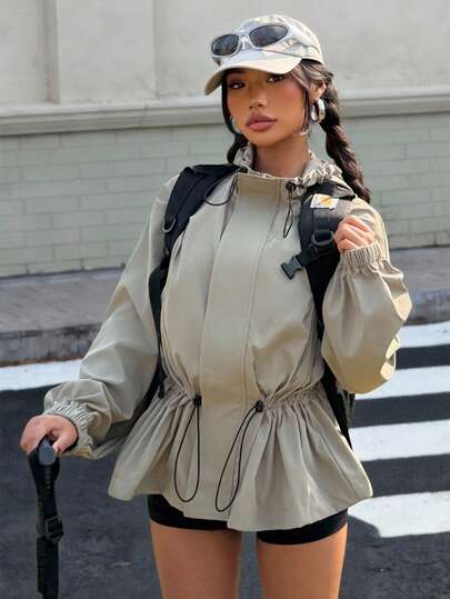 Muchica Women's Spring New Outdoor Sports Green Low Waist Drawstring Hooded Jacket