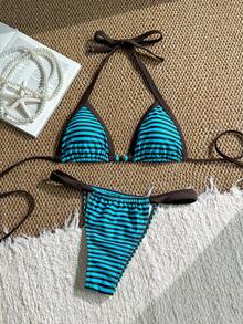 Costavie Bộ đồ đi biển dành cho nữ, họa tiết sọc nâu và xanh dương, phối màu tương phản, dây buộc cổ bản rộng, đính hạt cườm, kiểu dáng thời trang, thoải mái, gợi cảm, ngọt ngào cho khu nghỉ dưỡng. - Nhiều màu - Xem 2