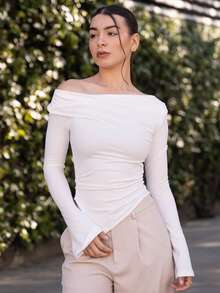 Andrea Bello Asymmetric Hem Asymmetrical Neck Knit T-Shirt Fall Cloth For Women - White - View 1