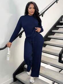 Alexandranx 2pcs/Set Casual Solid Color Crew Neck Long Sleeve Sweater Top And Pants Fall Winter Cloth For Women - Navy Blue - View 4