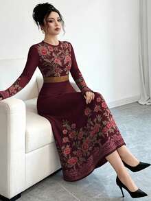 Modelyn 女士春季花卉图案数码印花圆领长袖A字型长连衣裙 - 彩色 - 查看 4