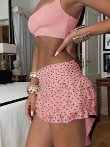 Ronhire Women's Polka Dot Print Layered Ruffle Hem Short Skirt, Fashionable For Spring/Summer - Coral Pink - View 4