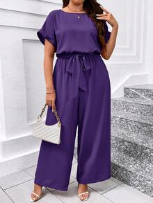 SHEIN Clasi Bộ áo liền quần cỡ lớn thanh lịch cổ tròn có thắt lưng và ống rộng. - Màu tím - Xem 1