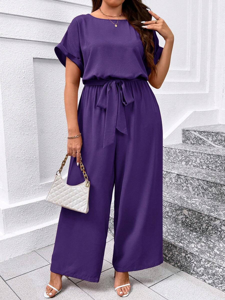 SHEIN Clasi Bộ áo liền quần cỡ lớn thanh lịch cổ tròn có thắt lưng và ống rộng. - Màu tím - Xem 1
