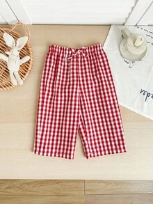 SHEIN 女宝宝休闲度假可爱百搭红白格子弹力腰裤 - 紅色 - 查看 3