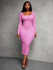 SHEIN SXY Plus Size Women's Solid Scoop Neck Bodycon Dress Sexy Curve Dress Curve Dresses Pink Curvy Dress Pink Long Sleeve Dress - Hot Pink - View 4