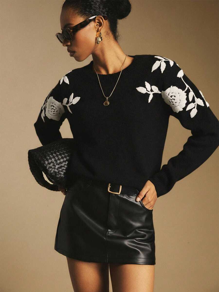 Poéselle Women's Fashionable Casual Crew Neck Long Sleeve Sweater In Fall/Winter - Black - View 1
