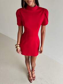 Aloruh Women's Solid Red Elegant Petal Sleeve Backless Bow A-Line Mini Dress, Valentine's Day - Red - View 6