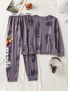 2pcs/Set Boys' Comfortable Grey Long Pants And Long Sleeve Pajamas Boys Lounge Set Car Graphic Print - Grey - View 2
