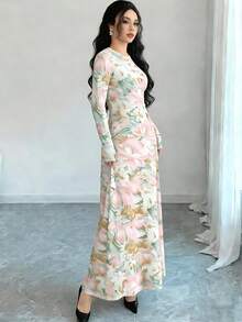 Al Najma Floral Digital Print Waist Cinched A-Line Dress, Khaki, Spring - Multicolor - View 3