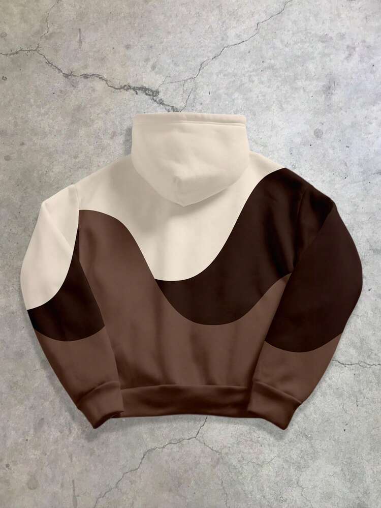 StoneGrade Stylish Colorblock Wave Print Casual Pullover Hoodie, Loose Fit, Double Layer, Essential For Dates And Gatherings, Suitable As Gift For Boyfriend - Multicolor - View 2