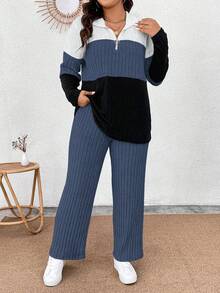 EMERY ROSE Plus Size Collared Zipper Decor Soft Knit Long Sleeve Ribbed Colorblock T-Shirt & Soft Ribbed Pants Casual 2-Piece Outfit - Multicolor - View 8