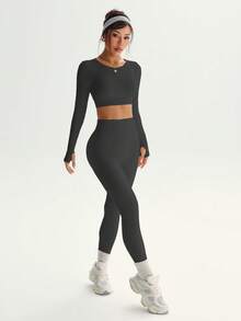 Dewbera Conjunto deportivo de mujer con costillas sin costuras y elástico - Gris Oscuro - Ver 4