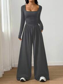 SHEIN Unity Bộ áo liền quần nữ dáng rộng, cổ vuông, màu trơn, kiểu dáng thường ngày. - Màu xám đen - Xem 6