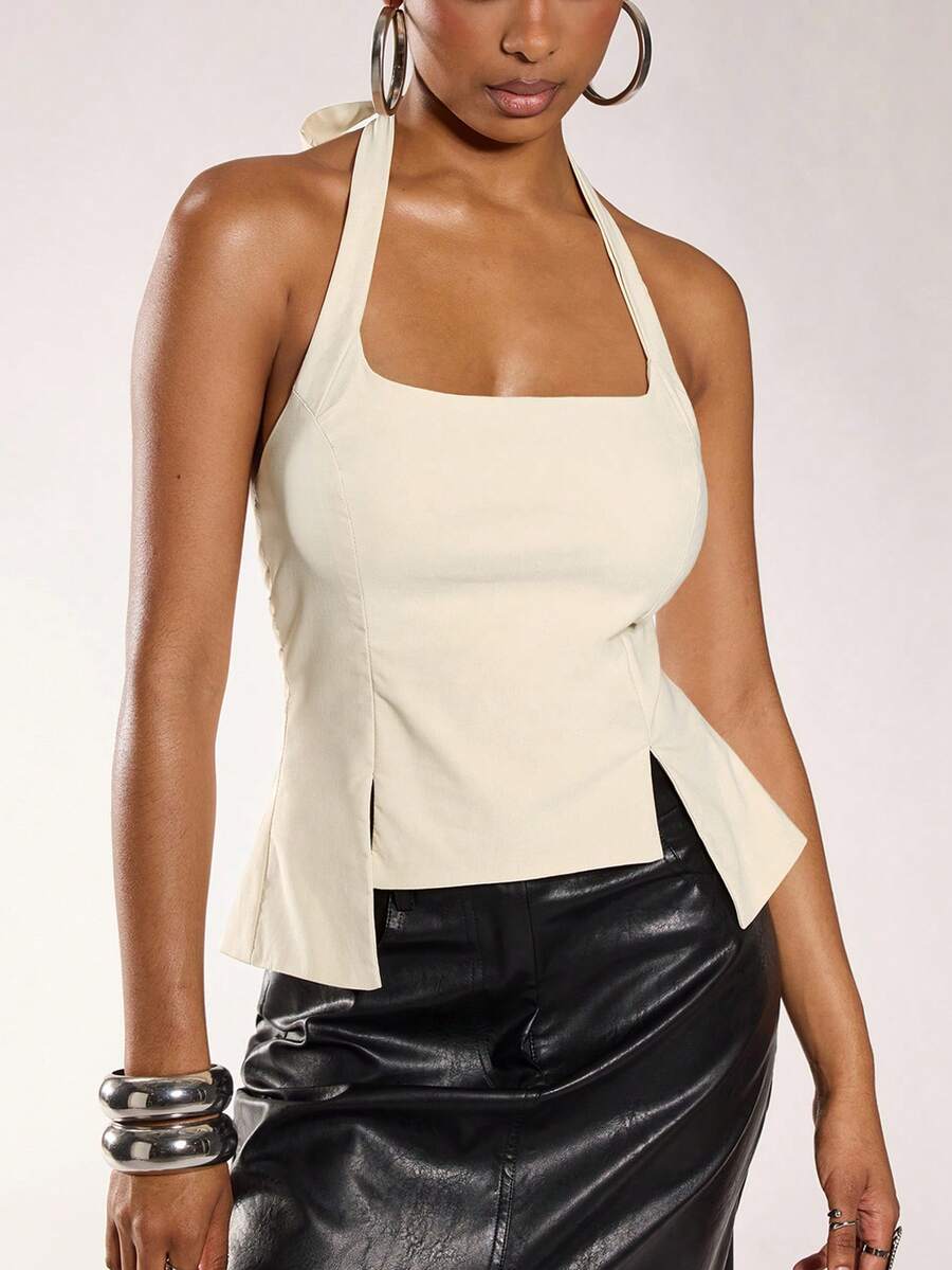 Normani Áo thun nữ cổ tròn gợi cảm, co giãn, thoải mái, có dây buộc sau lưng có thể điều chỉnh - Màu Khaki - Xem 1