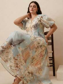 Anewsta Valentine Plus Size Women Elegant Puff Sleeve Pearl Button V-Neck Floral Print A-Line Dress - Apricot - View 1