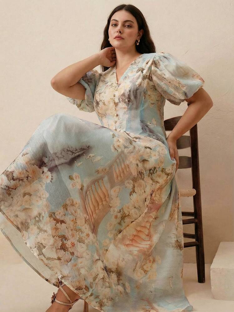 Valentine Plus Size Women Elegant Puff Sleeve Pearl Button V-Neck Floral Print A-Line Dress