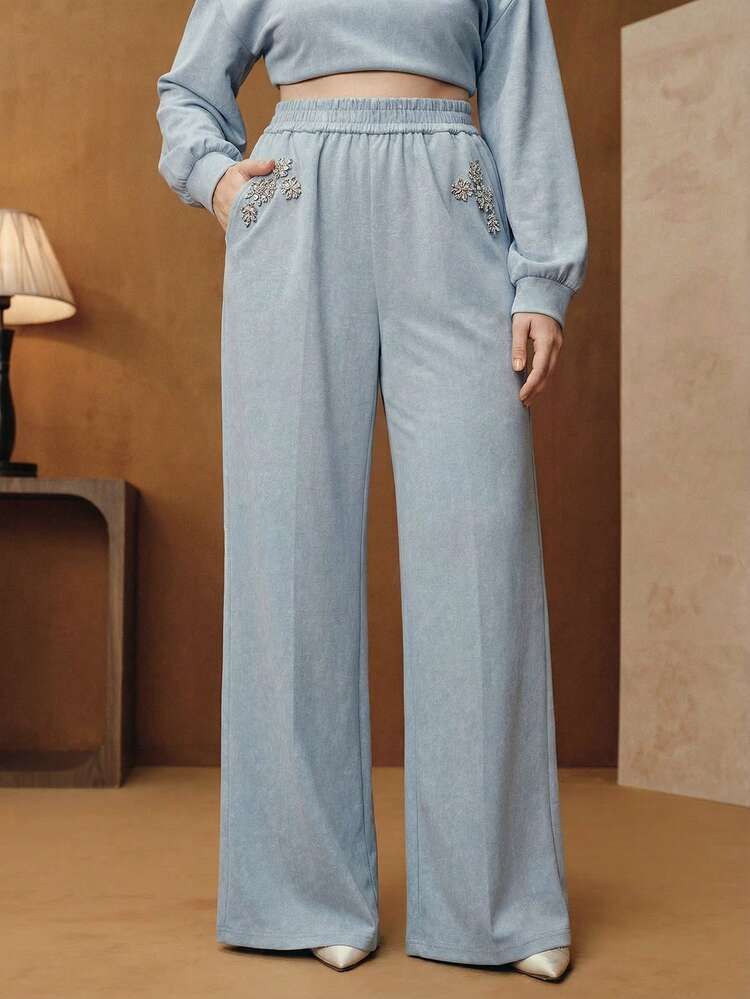 Plus Size Women Vintage Washed Light Blue Embellished Casual Sweatpants
