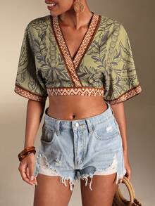SHEIN Swim Vcay 女士V领波西米亚风撞色滚边打结印花和服罩衫休闲波西米亚假日派对复古女士老钱风格女士沙滩比基尼2026夏季女士沙滩优雅休闲夏季度假女士露脐和服女士露脐上衣女士裹身上衣女士上衣波西米亚风女士上衣 - 彩色 - 查看 5