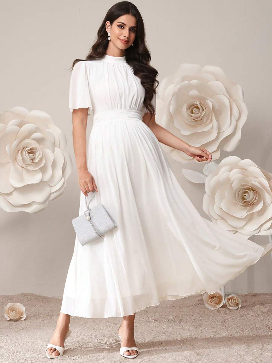 SHEIN Đầm bầu màu trơn cổ đứng tay ngắn xếp nếp thanh lịch - trắng - Xem 1