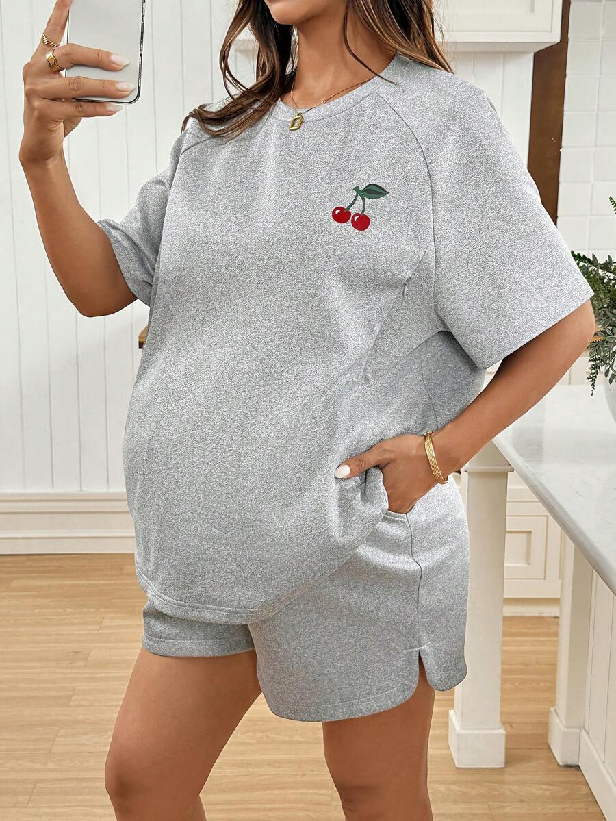 SHEIN Maternity Clothes Maternity Co-Ord Set 2pcs Maternity Casual Cherry Print T-Shirt And Shorts Breastfeeding Set, Summer