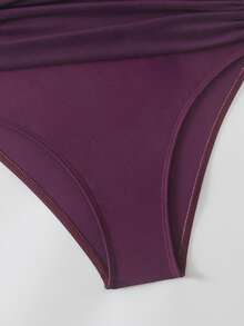 SHEIN Swim 酒红色纯色女士休闲不对称领无袖褶皱设计单肩泳衣，性感紫色连体泳衣，紫色女式泳衣 - 酒紅色 - 查看 3