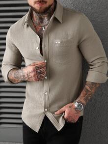 Manfinity Homme 米色纹理男士长袖衬衫：舒适面料搭配简约设计 - 卡其色 - 查看 5