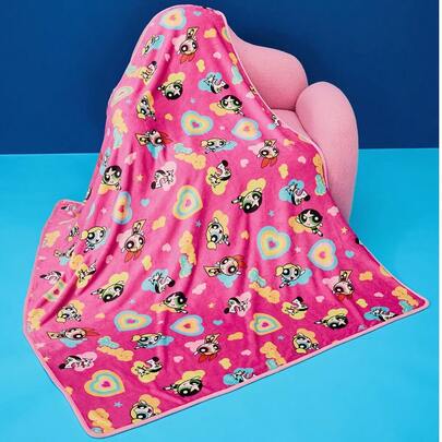 THE POWERPUFF GIRLS X Joivida 1 chiếc chăn nỉ dày dặn in họa tiết hoa tím Blossom, Bubbles, Buttercup, mềm mại và ấm áp, không rụng lông, kiểu dáng dễ thương như chăn ngủ, có nhiều kích cỡ, thích hợp dùng cho ghế sofa, giường, ngủ trưa, trọng lượng 230gsm.