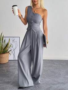 SHEIN EZwear 女士时尚斜肩编织背心裤套装（2件套），灰色 - 灰色 - 查看 2