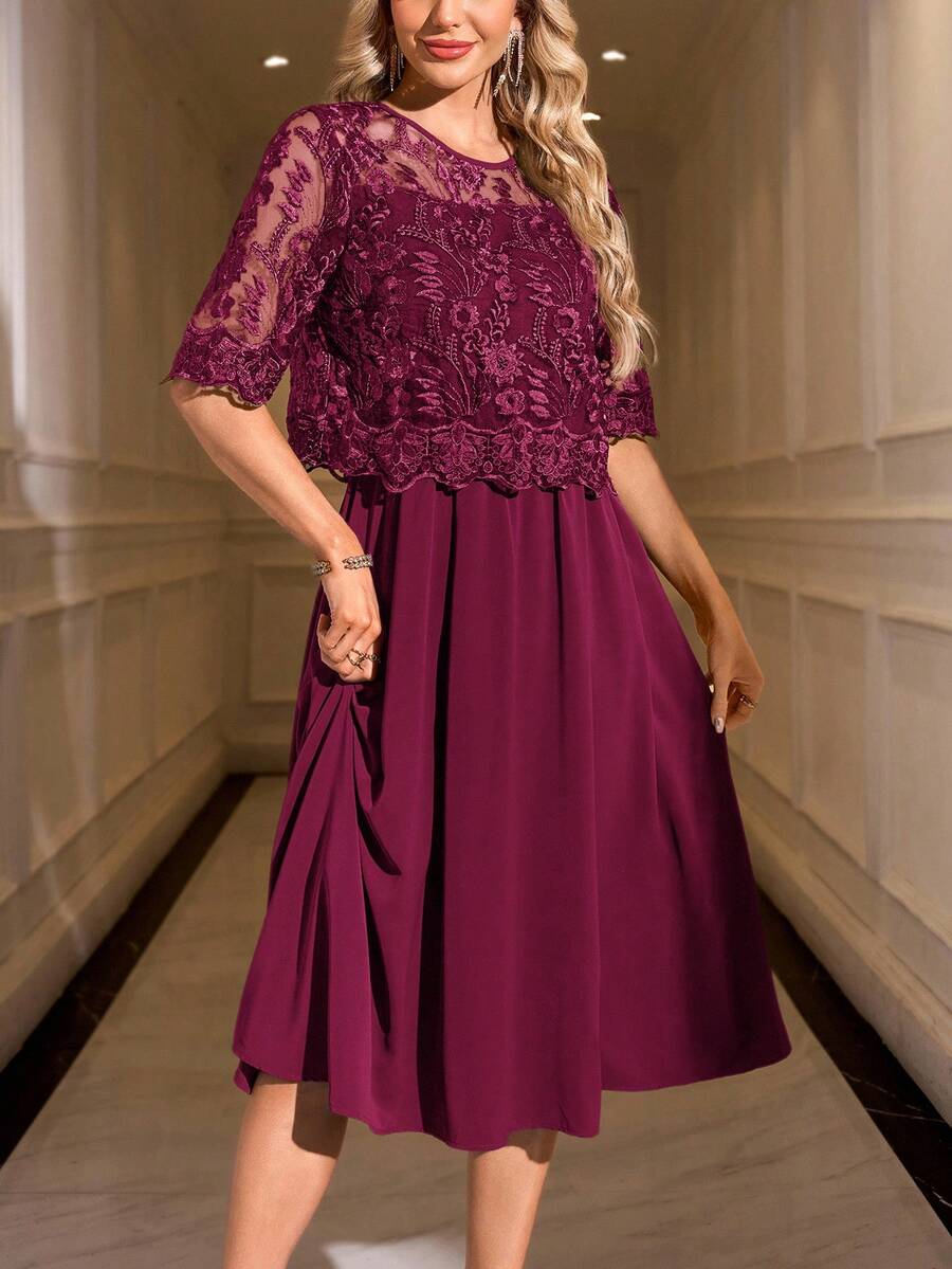 SHEIN Clasi Vestido de manga corta con cuello redondo de unicolor y encaje elegante - Burdeos - Ver 1