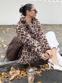 NegzBox Women's Vintage "Mob Wife" Style Leopard Print Faux Fur Coat, Autumn/Winter - Coffee Brown - View 5