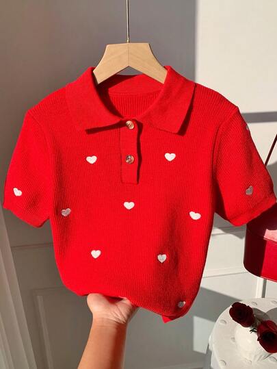 Comfortcana Blusa de punto de manga corta con bordado de corazón para mujer