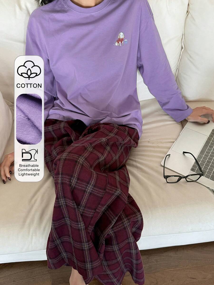 DAZY 女士小狗印花宽松T恤上衣和格子宽松睡裤家居服套装，秋冬款 - 紫色 - 查看 1