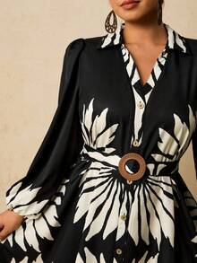 Travachic 大码女式黑色碎花连衣裙，立体剪裁花朵连衣裙，V领长袖衬衫裙，系腰带连衣裙，带口袋连衣裙 - 黑色 - 查看 5