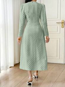 Modelyn 法式方领格纹提花褶裥连衣裙 - 灰藍色 - 查看 2