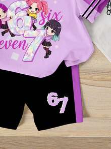 一套少女K-POP卡通女孩67号印花短袖针织T恤和配套短裤 - 彩色 - 查看 3