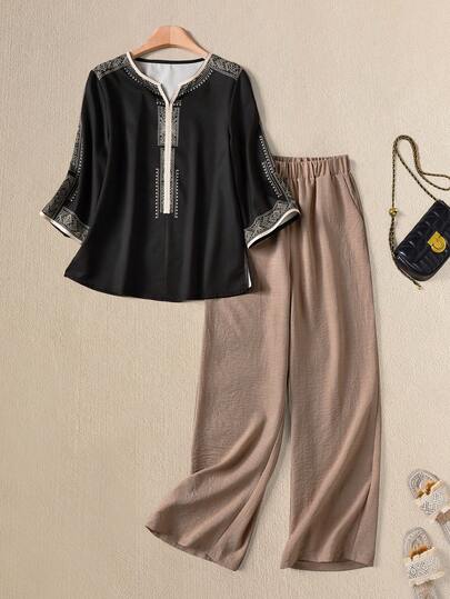 Rusticease Casual Striped Fabric V-Neck 2 Pieces Set