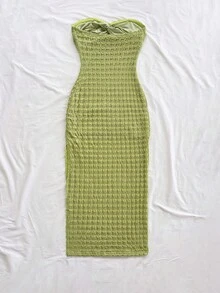 Soleia 女士纯色扭结设计连衣裙，时尚无肩带度假连衣裙 - 綠色 - 查看 2