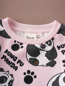 SHEIN Kung Fu Panda 女童可爱熊猫字母印花宽松圆领卫衣和喇叭裤套装，秋/春季款 - 粉色 - 查看 3