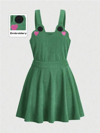 Kawaii Vestito casual e carino con ricamo di rane e cuori, taglie comode