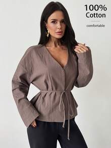 Firerie 女士优雅休闲通勤宽松外套，咖啡色/棕色长袖V领收腰设计，棉质宽松西装外套，新款秋冬女装外套，简约/优雅/办公/教师/通勤/百搭/日常穿着 - 咖啡棕 - 查看 7