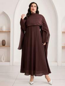 Veilorie Plus Size Women Elegant Solid Color Dress With Cape Dress Modest - Coffee Brown - View 3