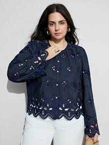 Aveloria Modichic Winter New Arrival French Elegant Loose Embroidery Hollow-Out Patchwork Plus Size Long Sleeve Cardigan Shirt - Navy Blue - View 5