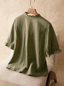 Elaquor 大码女式花卉刺绣图案单排扣休闲通勤短袖衬衫，夏季女式短袖波西米亚风衬衫，女士夏季棉质上衣，春季女式衬衫 - 綠色 - 查看 2