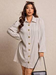 Elaquor Đầm ngắn dáng rộng, tối giản, kẻ sọc, khóa kim loại, cỡ lớn, thích hợp mặc đi làm và dạo phố, dành cho nữ. - Màu be - Xem 4