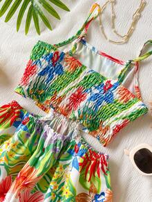 Tween Girls' Tropical Floral Print Sleeveless Jumpsuit, Loose Fit Casual Romper Suitable For Beach, Vacation, Outdoor Activities In Summer - Multicolor - View 4
