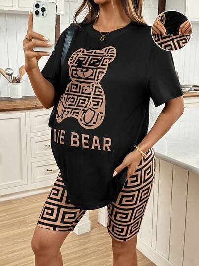 SHEIN 2pcs Maternity Cartoon Bear Letter Print Short Sleeve T-Shirt And Adjustable Waist Shorts Casual Set