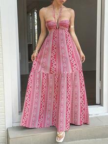 Sunnyshic Đầm hở lưng cổ yếm in họa tiết toàn thân, phong cách thường ngày cho kỳ nghỉ - Hồng - Xem 4