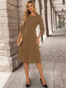 EMERY ROSE Đầm nữ thanh lịch màu trơn, dáng dài ngang gối, thắt eo, thích hợp cho công sở. - Màu Khaki - Xem 5